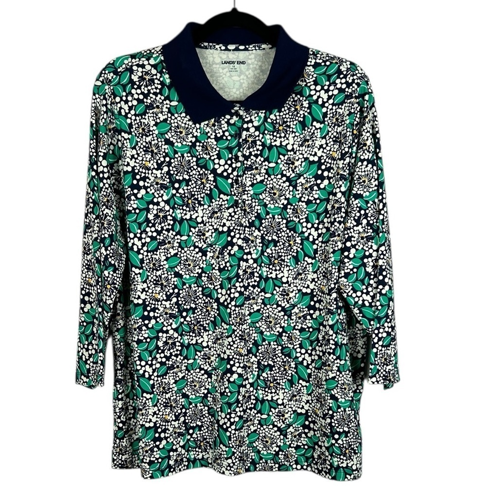 Lands' End Floral Casual Cotton 3/4 Sleeve Polo Shirt 1X Navy Blue Athleisure